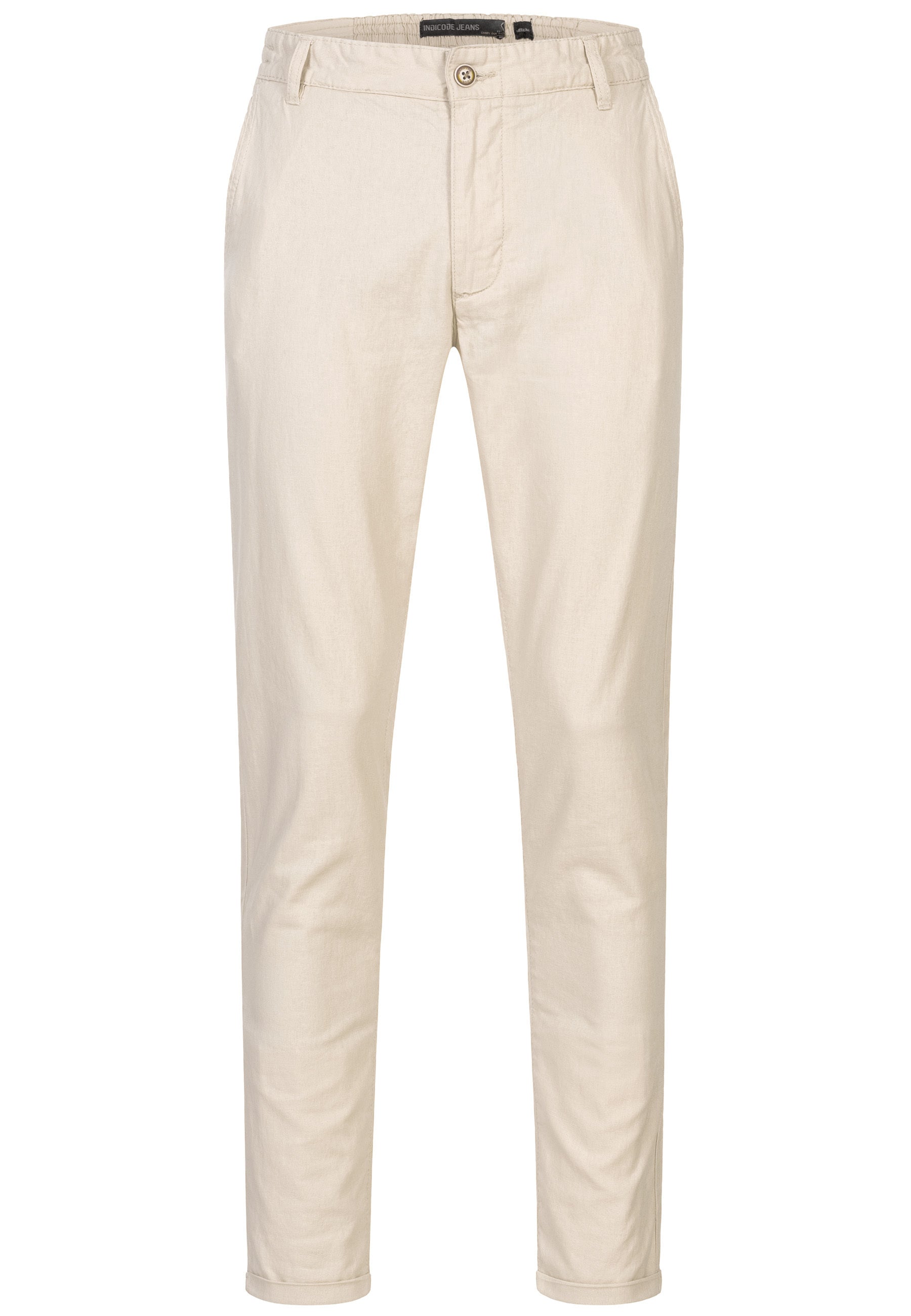 Indicode men's Haverfield trousers made of 55% linen & 45% cotton with 4 pockets incl. belt
