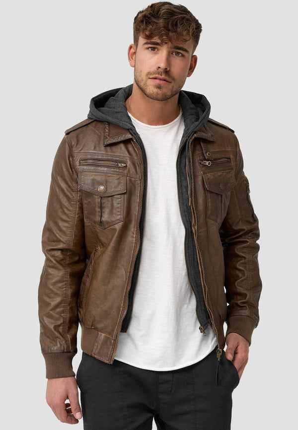 Indicode Men's Aaron Leather Jacket with Detachable Hood & 7 Pockets