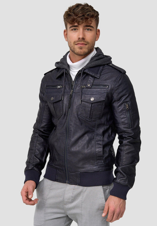 Indicode Herren Aaron Lederjacke mit abnehmbarer Kapuze & 7 Taschen