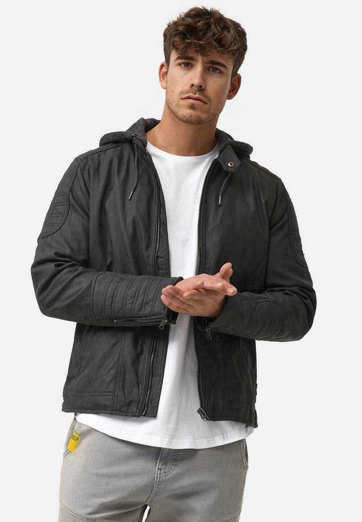 Indicode Herren Miguel Jacke aus Leder-Imitat mit Stehkragen & abnehmbarer Sweat Kapuze - INDICODE