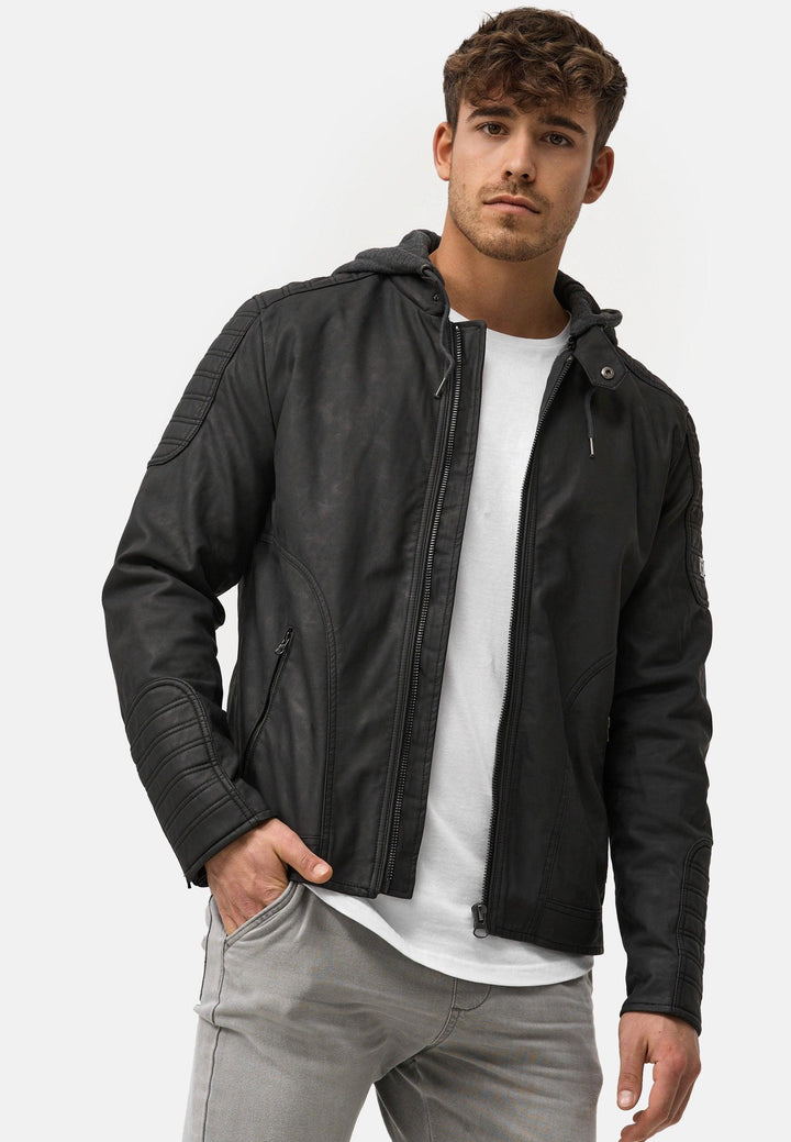 Indicode Herren Miguel Jacke aus Leder-Imitat mit Stehkragen & abnehmbarer Sweat Kapuze - INDICODE