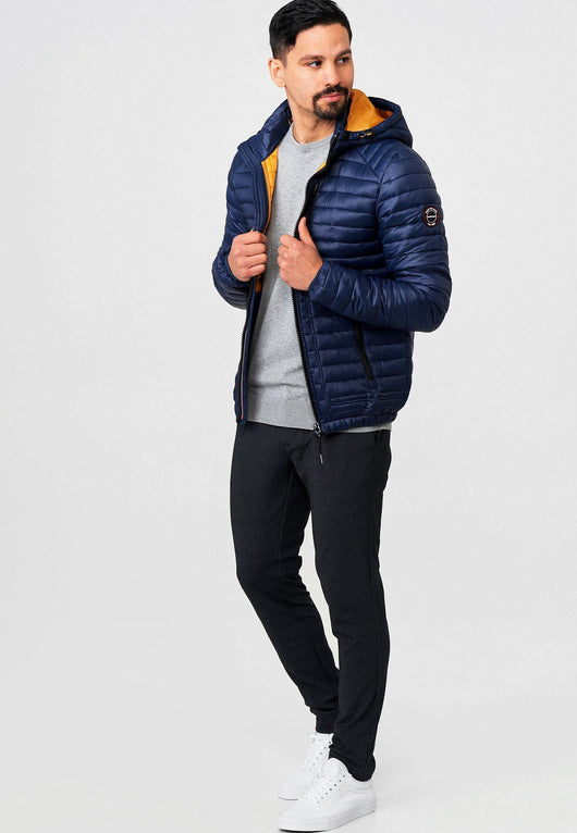 Indicode men's Aguillar quilted jacket in down jacket look with detachable hood and stand-up collar