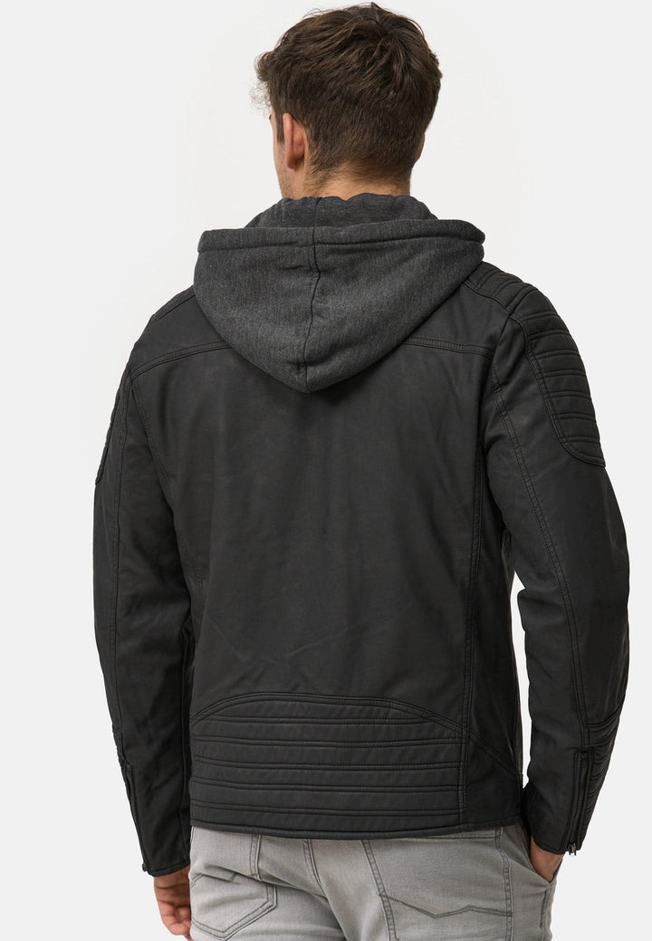 Indicode Herren Miguel Jacke aus Leder-Imitat mit Stehkragen & abnehmbarer Sweat Kapuze - INDICODE